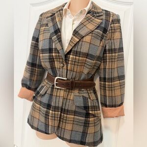 VTG 70s Beige Taupe Black Wool Plaid Blazer Jacket, Dark Academia, Size S